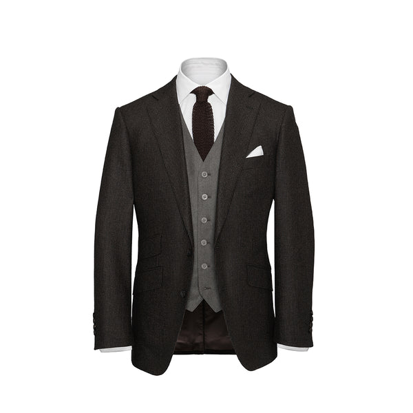 Three-Piece Brown Houndstooth Flannel Suit with Solid Waistcoat